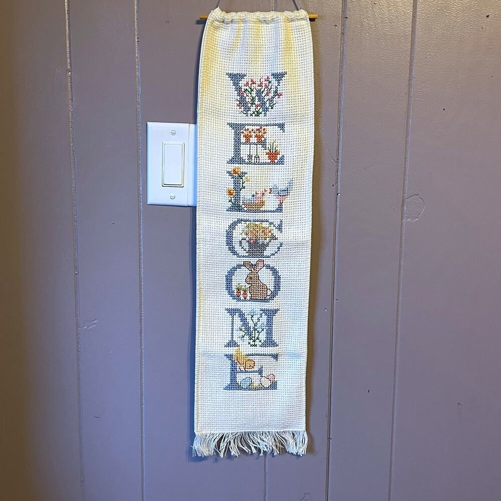 Vintage WELCOME Cross Stitch Wall Hanging Bunny Flowers Cottagecore 27" Banner